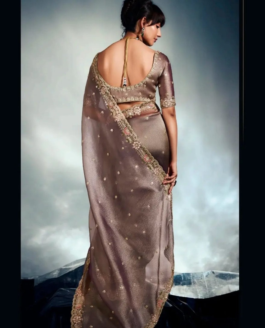 BROWN - Noteworthy Brown Sequins Work Organza Reception Wear Saree With Blouse